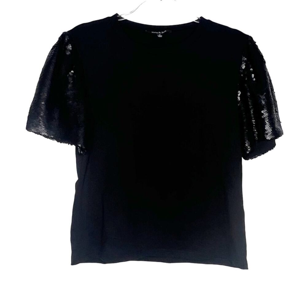 STRUT & BOLT Sequin Sleeve Crew Neck Top Embellished Stretch Black Size Medium